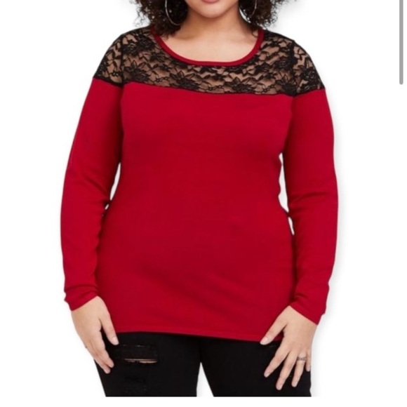 Torrid Red Black Lace Pullover Yolk long sleeve Sweater Women's Top Plus size 2 - Picture 1 of 12